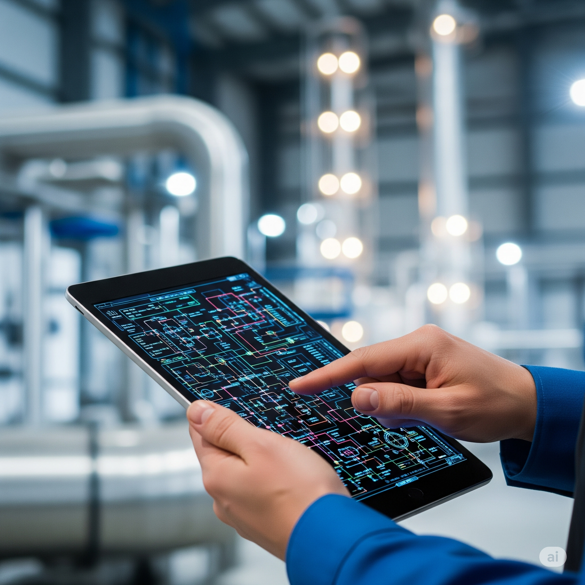 An engineer using a tablet on an industrial site